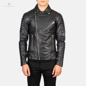 The Centurion Noir men's black sheepskin leather biker jacket with accordion side panels and adjustable waist straps
