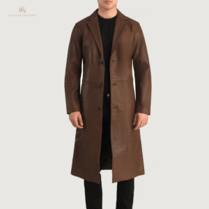 Man wearing a premium rich brown genuine cowhide leather car coat with a sharp notch lapel and button front closure