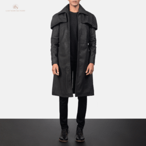 Man wearing a distressed black genuine sheepskin leather duster coat with an open-front silhouette
