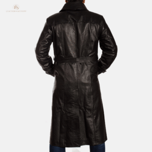 Black Leather Over Coat Premium Men’s Belted Cowhide Leather Coat | Leather Factory Store Man wearing a distressed black genuine sheepskin leather duster coat with an open-front silhouette