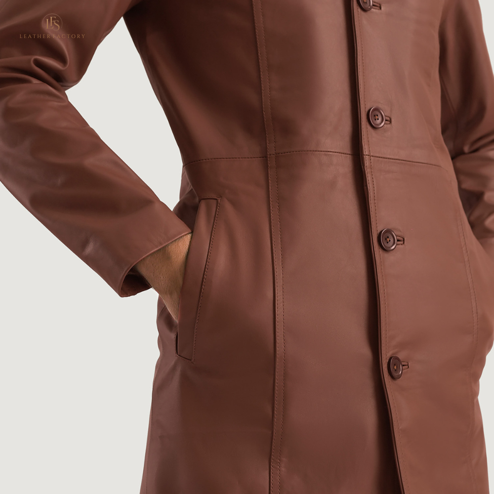 Men's long brown leather trench coat made from genuine cowhide with notch collar