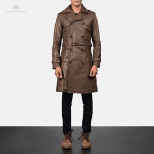 Western Leather Coat | Men’s Mocha Brown Calfskin Leather Coat Men's mocha brown Western leather coat made from genuine calfskin with double-breasted buttons, waist belt, shoulder epaulettes, and shirt collar