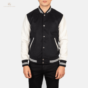White and black hybrid varsity jacket with genuine sheepskin leather sleeves and soft wool torso