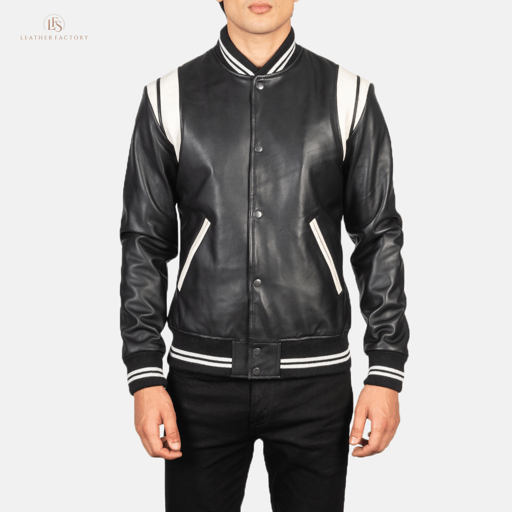 The Stadium Elite black and white leather varsity jacket with striped rib knit collar and cuffs