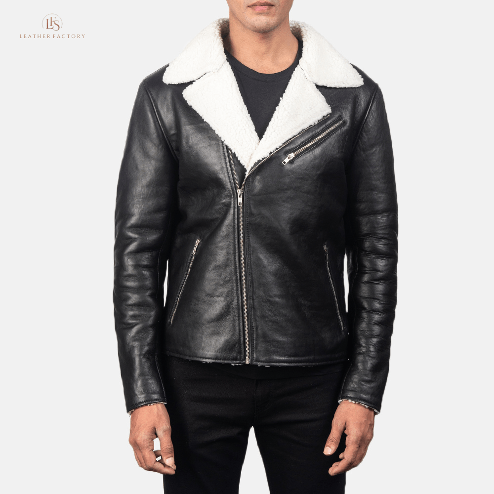 Man wearing a premium black and white contrast sheepskin leather jacket with faux fur lining and notch collar