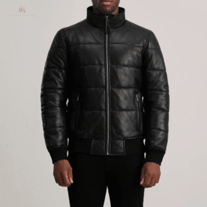 Man wearing a premium black sheepskin leather puffer bomber jacket with high neck and rib knit cuffs