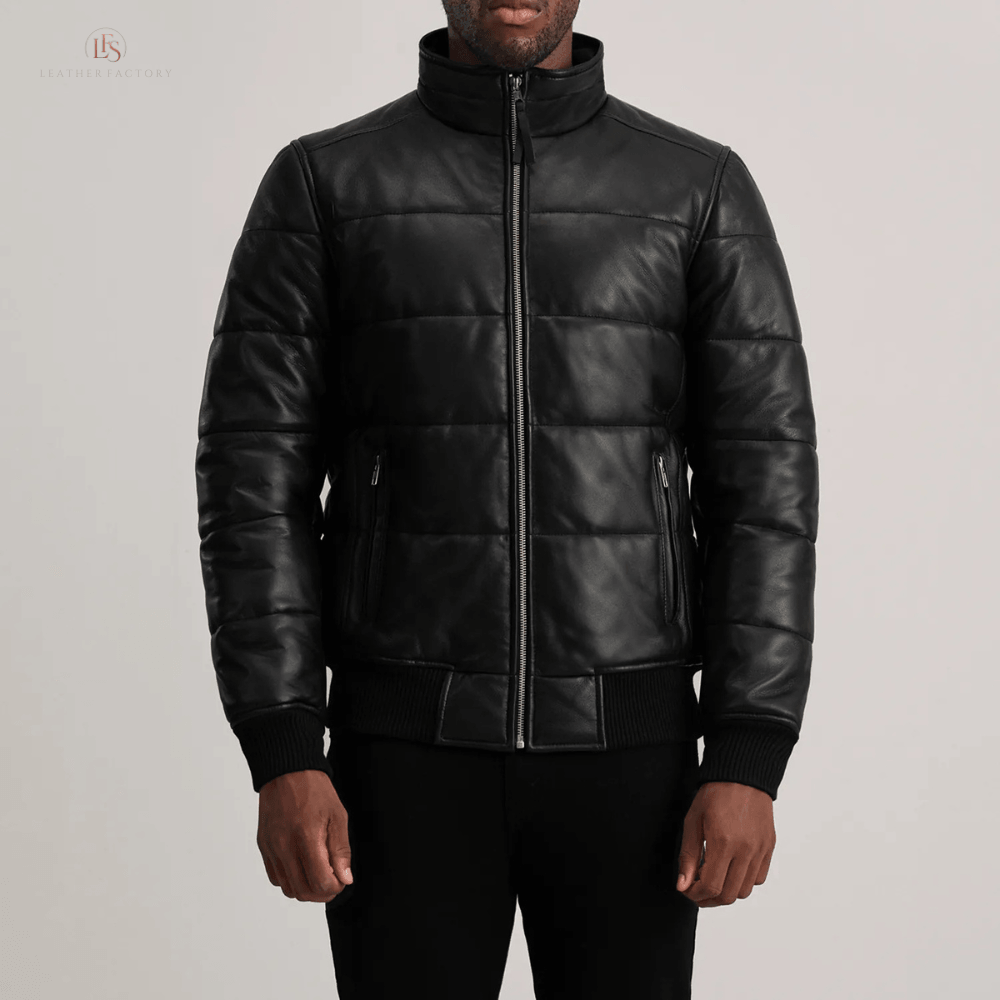 Man wearing a premium black sheepskin leather puffer bomber jacket with high neck and rib knit cuffs