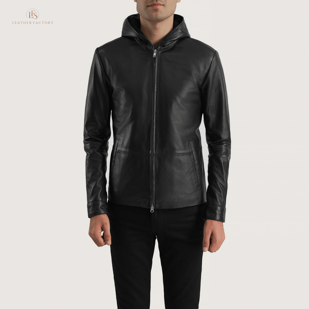 Man wearing a premium black sheepskin leather jacket with a comfortable hood and zipper snap button cuffs