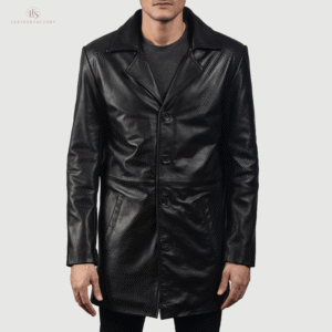 Carrington Leather Long Coat Premium Men’s Black Cowhide Coat Man wearing a premium black genuine cowhide leather long coat with a sharp notch lapel and button front closure