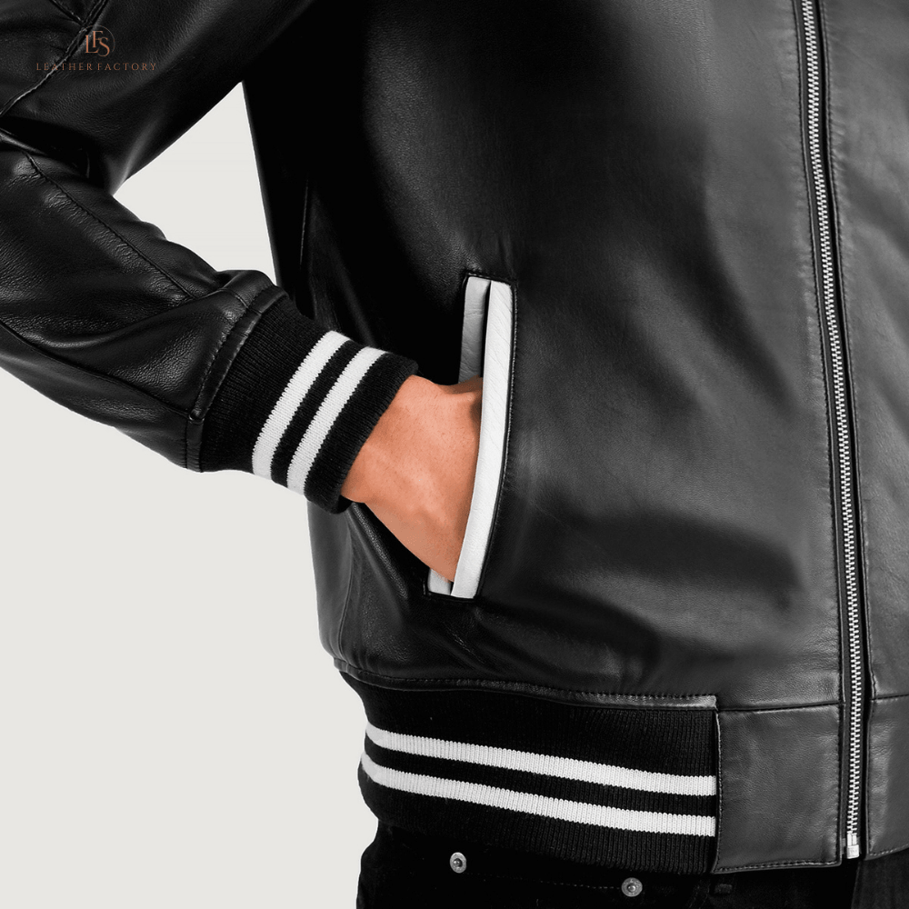The Apex Varsity black leather varsity jacket made from real sheepskin leather with zipper closure, varsity collar, rib knit cuffs and hem