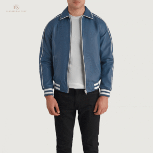 Blue and white men's leather varsity jacket with genuine sheepskin leather, raglan sleeves, and rib knit cuffs