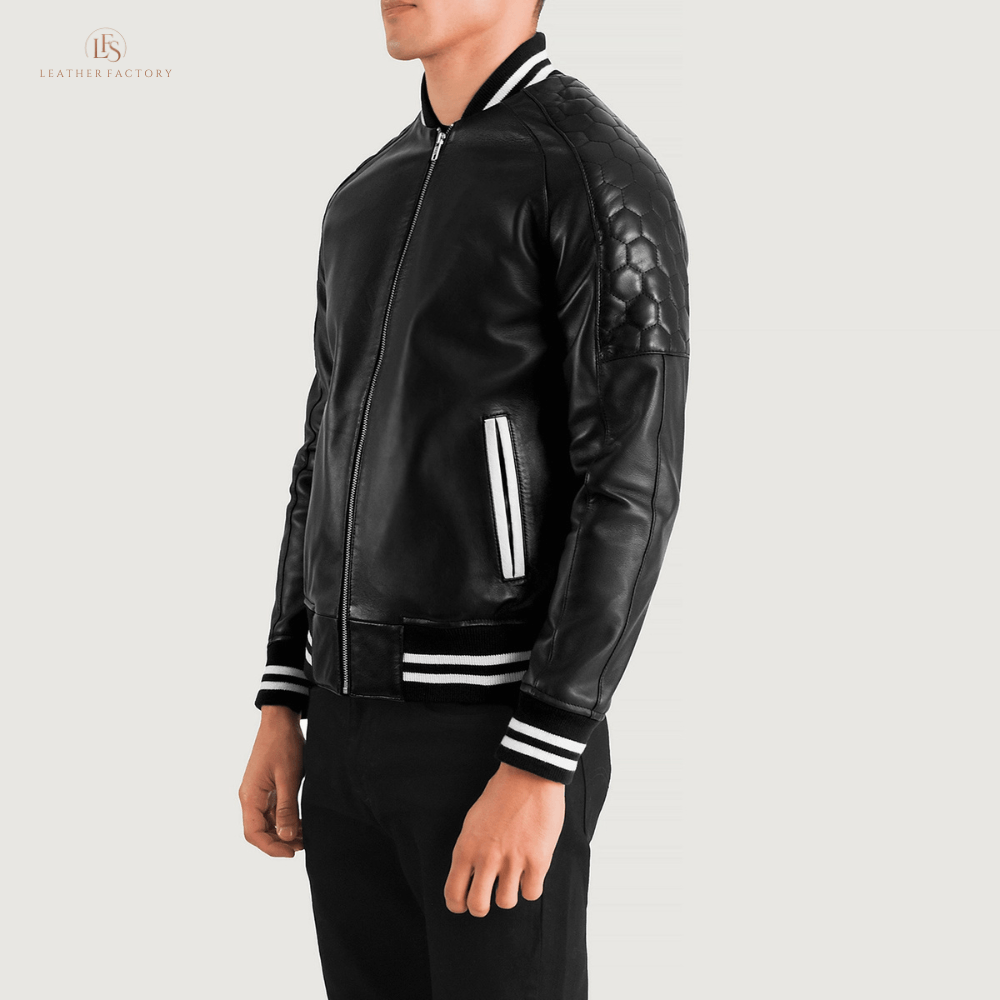 The Apex Varsity black leather varsity jacket made from real sheepskin leather with zipper closure, varsity collar, rib knit cuffs and hem