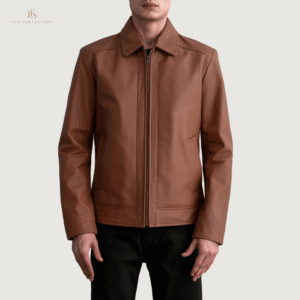 The Outlaw men's brown multi color rub off goatskin leather biker jacket with high neck band collar and zippered cuffs