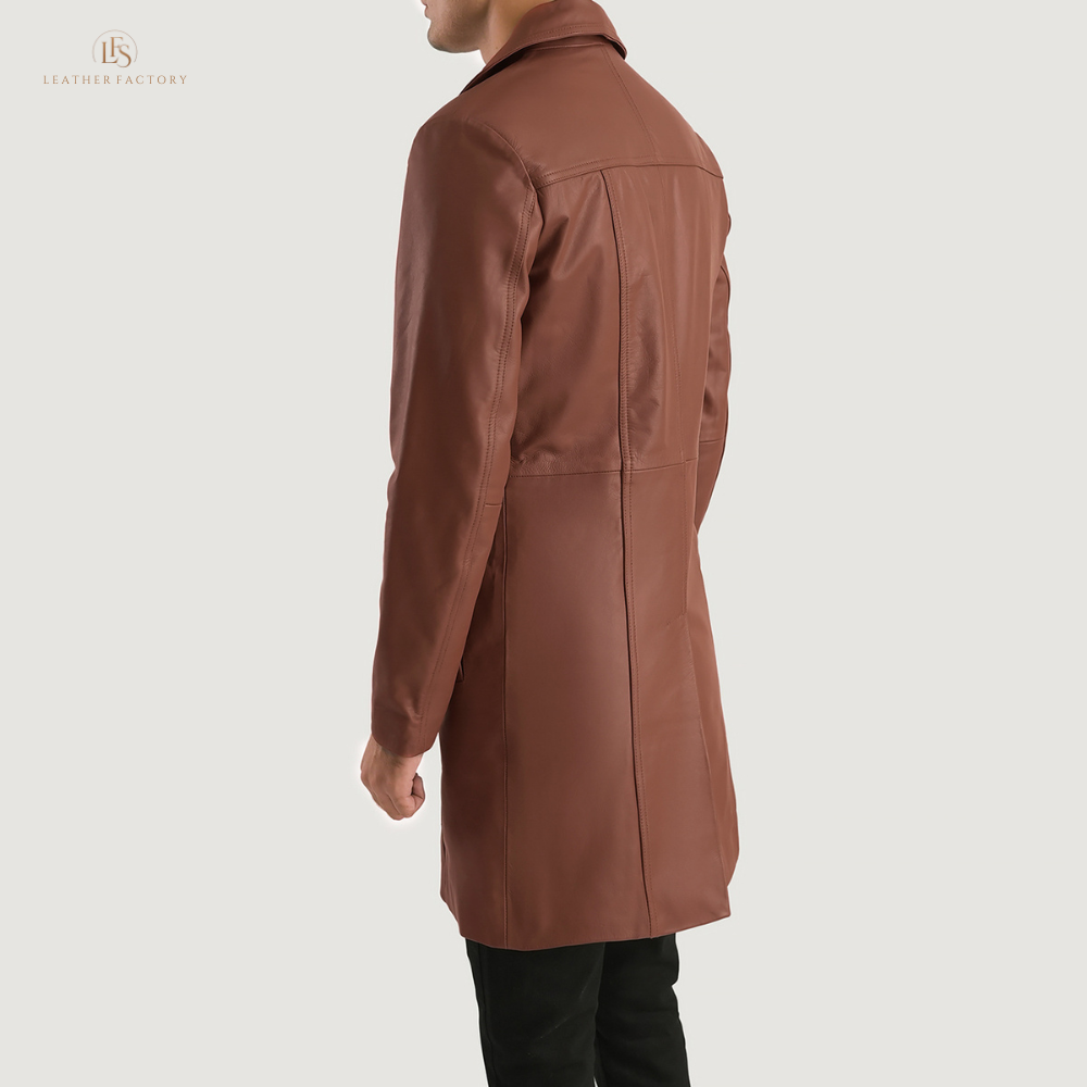 Men's long brown leather trench coat made from genuine cowhide with notch collar
