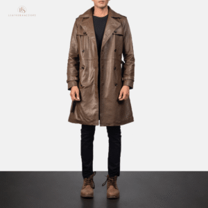 Men's mocha brown Western leather coat made from genuine calfskin with double-breasted buttons, waist belt, shoulder epaulettes, and shirt collar
