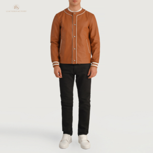 The Campus Legend Brown Premium Leather Varsity Jacket | Leather Factory Store The Campus Legend brown leather varsity jacket made from genuine sheepskin leather with snap button closure, collarless neckline and rib knit cuffs