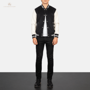 The Catalyst Varsity White and Black Hybrid Leather Varsity Jacket | Leather Factory Store White and black hybrid varsity jacket with genuine sheepskin leather sleeves and soft wool torso