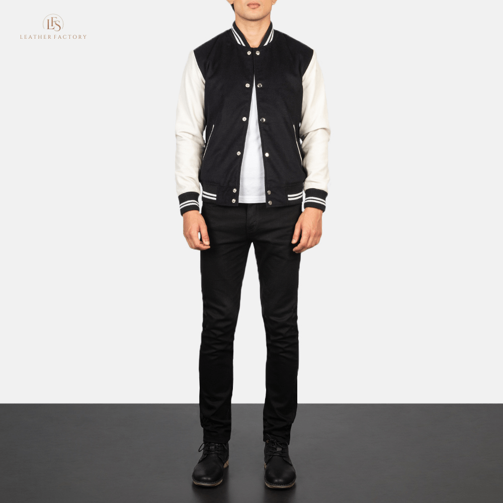 White and black hybrid varsity jacket with genuine sheepskin leather sleeves and soft wool torso
