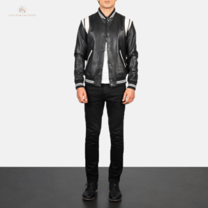 The Stadium Elite Black & White Leather Varsity Jacket | Leather Factory Store The Stadium Elite black and white leather varsity jacket with striped rib knit collar and cuffs