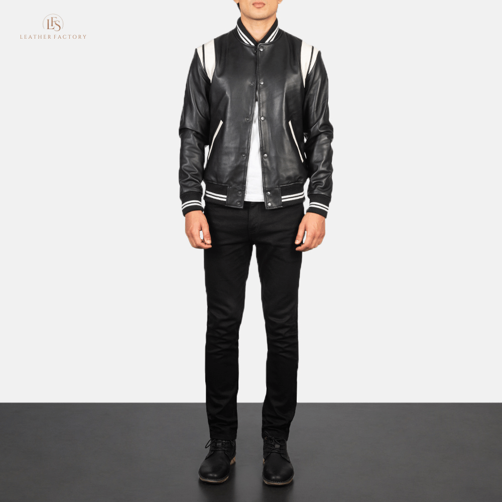 The Stadium Elite black and white leather varsity jacket with striped rib knit collar and cuffs