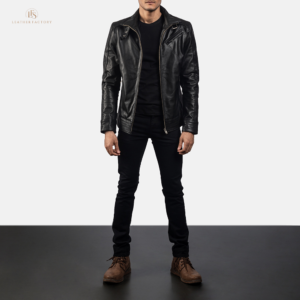 The Maverick Biker men's classic black cowhide leather biker jacket with belted high neck and button cuffs