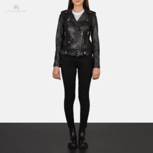 Alon Leather Biker Jacket | Black Cowhide Leather | Leather Factory Store Alon black cowhide leather biker jacket with notch collar, zipper cuffs, removable belt, and multiple pockets