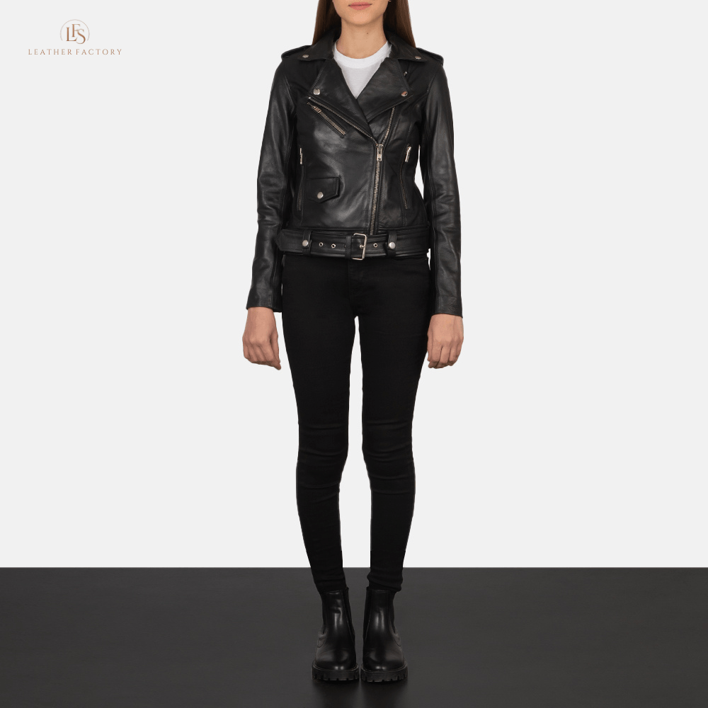 Alon black cowhide leather biker jacket with notch collar, zipper cuffs, removable belt, and multiple pockets