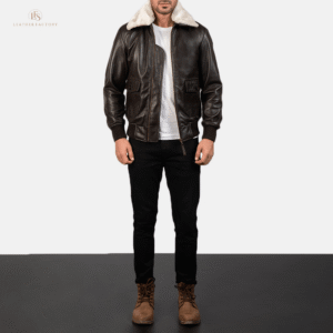 Men's premium brown sheepskin leather bomber jacket with rib knit collar and cuffs