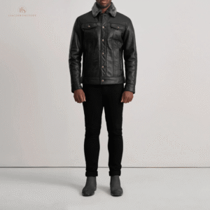 The Frontier Trucker – Men’s Black & Grey Shearling Leather Trucker Jacket Men's black and grey sheepskin leather shearling trucker jacket with faux fur lining, button closure, and button cuffs