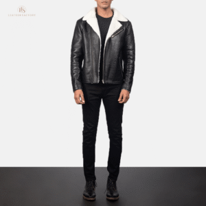 The Eclipse Shearling – Black & White Contrast Shearling Leather Jacket Man wearing a premium black and white contrast sheepskin leather jacket with faux fur lining and notch collar