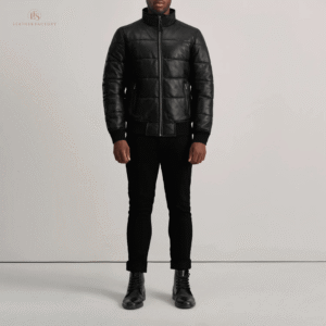 The Arctic Puffer – Men’s Black Leather Puffer Bomber Jacket | LFS Man wearing a premium black sheepskin leather puffer bomber jacket with high neck and rib knit cuffs