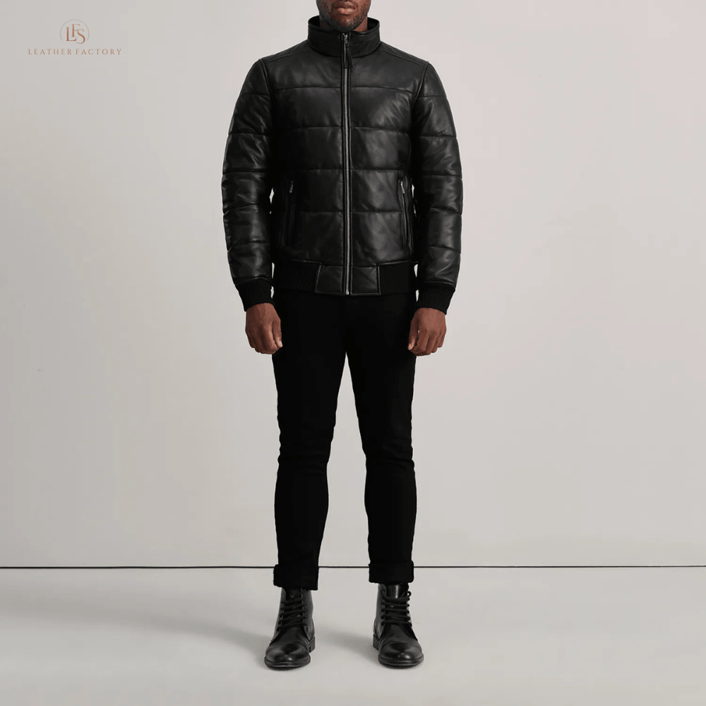 Man wearing a premium black sheepskin leather puffer bomber jacket with high neck and rib knit cuffs