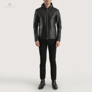 Man wearing a premium black sheepskin leather jacket with a comfortable hood and zipper snap button cuffs