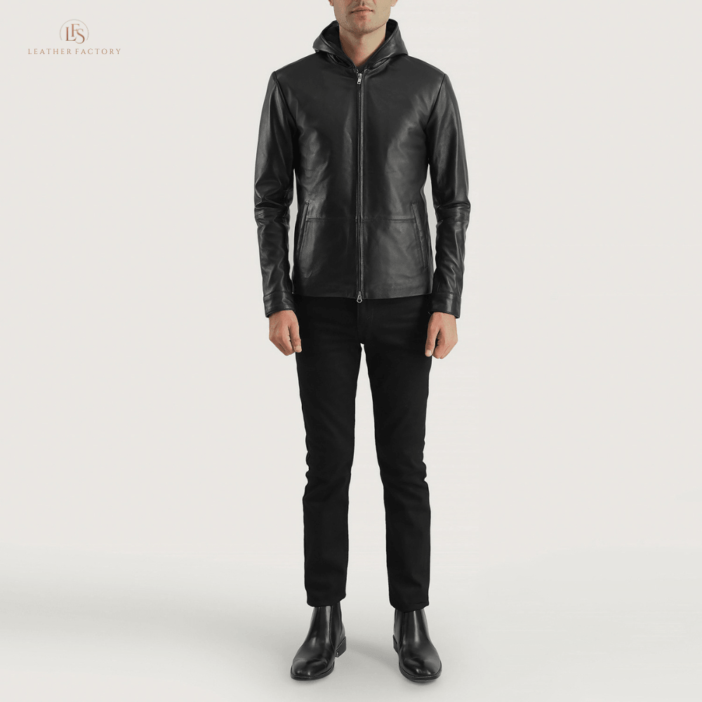 Man wearing a premium black sheepskin leather jacket with a comfortable hood and zipper snap button cuffs