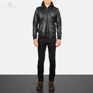The Strike Hooded Jacket – Black Premium Leather Bomber Jacket Man wearing a premium black leather bomber jacket with a removable hood and rib knit cuffs
