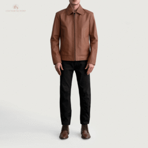 The Outlaw men's brown multi color rub off goatskin leather biker jacket with high neck band collar and zippered cuffs