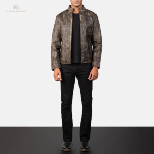 The Rogue Slate Men’s Distressed Brown Leather Jacket Men's distressed brown cowhide leather jacket with burnished finish and sleek band collar