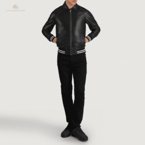 The League Varsity | Black & White Sheepskin Leather Varsity Jacket | Leather Factory Store Men's black and white leather varsity jacket made from genuine sheepskin with shirt collar, zipper front, and rib knit cuffs