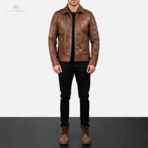 The Crimson Racer men's brown sheepskin leather jacket with band collar and zippered cuffs