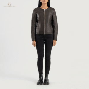 Women's brown collarless leather biker jacket made from genuine sheepskin leather with a minimalist design and zipper closure