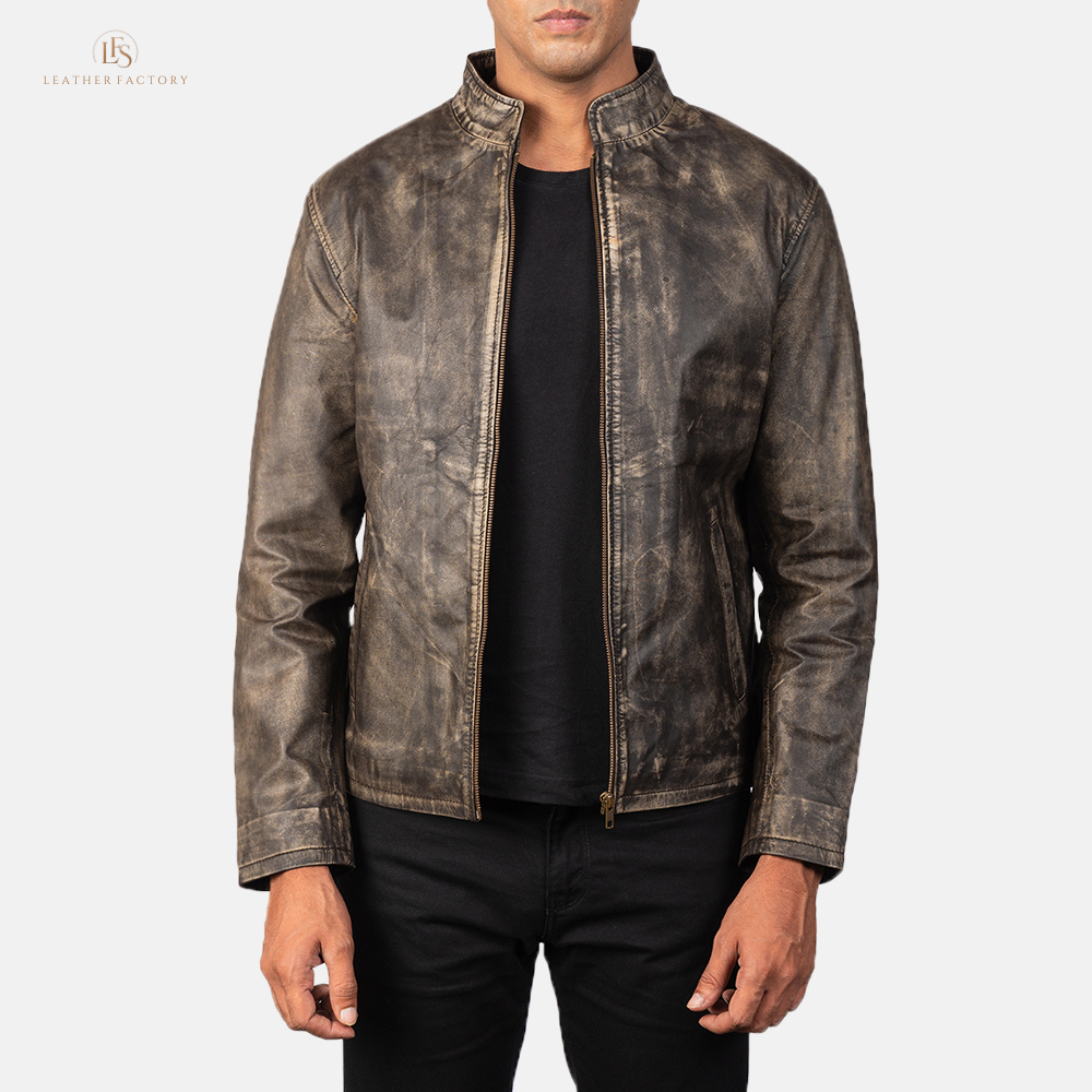 Men's distressed brown cowhide leather jacket with burnished finish and sleek band collar