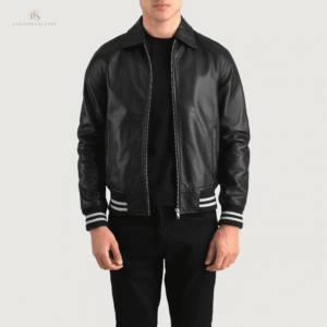 Men's black and white leather varsity jacket made from genuine sheepskin with shirt collar, zipper front, and rib knit cuffs