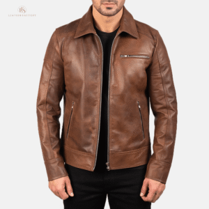 The Crimson Racer men's brown sheepskin leather jacket with band collar and zippered cuffs