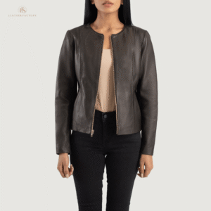 Women's brown collarless leather biker jacket made from genuine sheepskin leather with a minimalist design and zipper closure