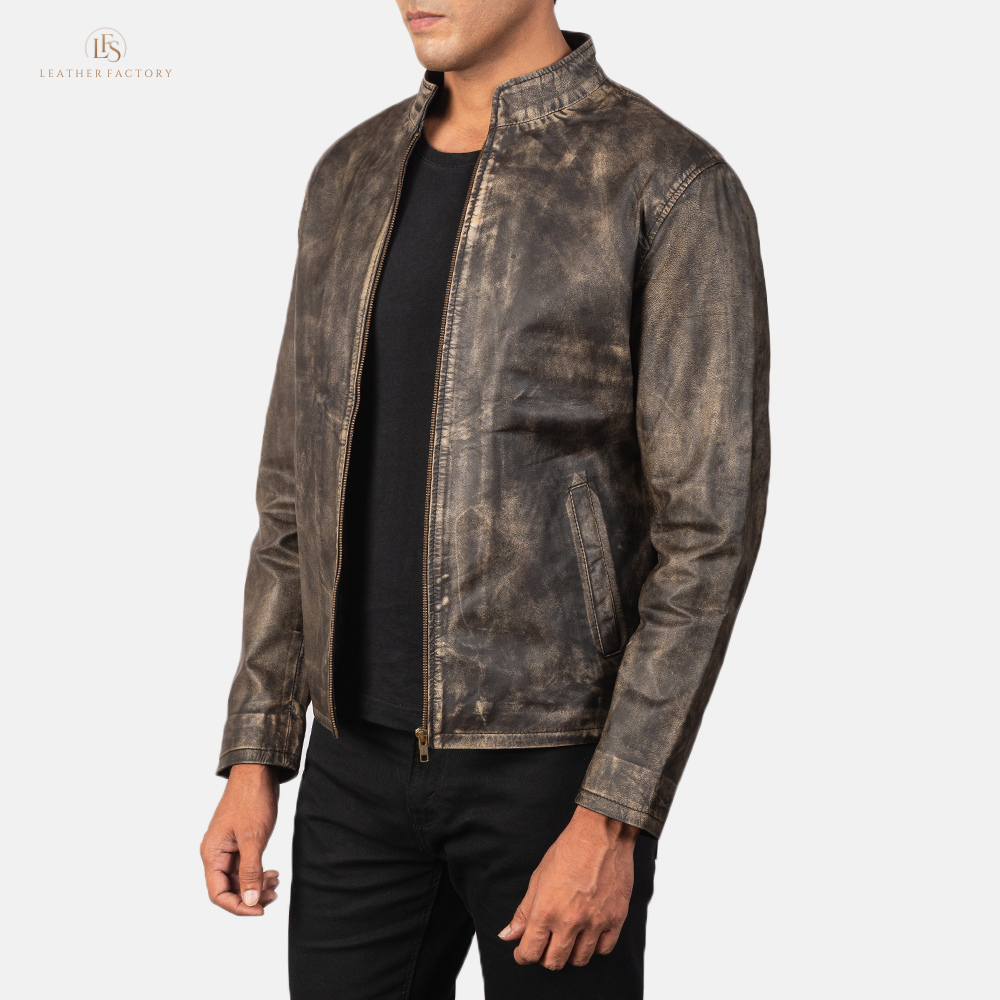 Men's distressed brown cowhide leather jacket with burnished finish and sleek band collar