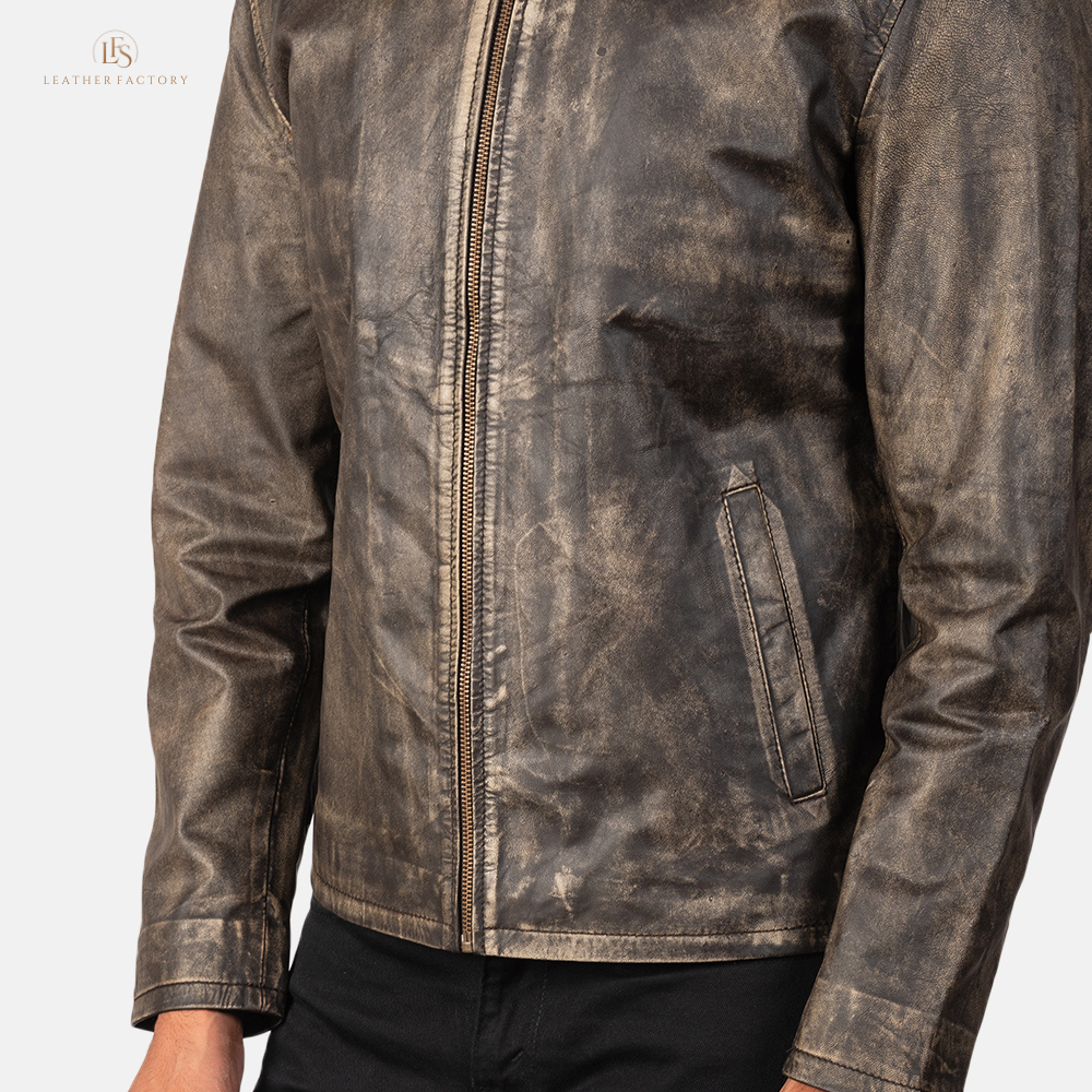 Men's distressed brown cowhide leather jacket with burnished finish and sleek band collar