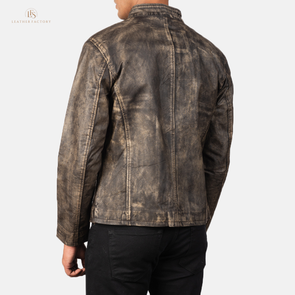 Men's distressed brown cowhide leather jacket with burnished finish and sleek band collar