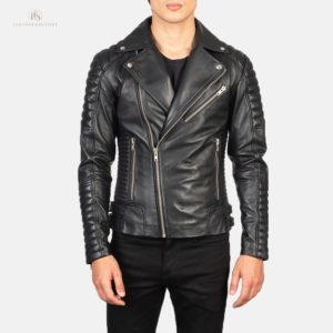 The Centurion Noir men's black sheepskin leather biker jacket with accordion side panels and adjustable waist straps