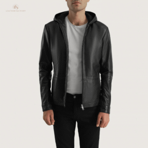 Man wearing a premium black sheepskin leather jacket with a comfortable hood and zipper snap button cuffs