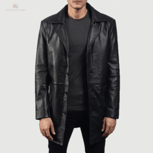 Man wearing a premium black genuine cowhide leather long coat with a sharp notch lapel and button front closure